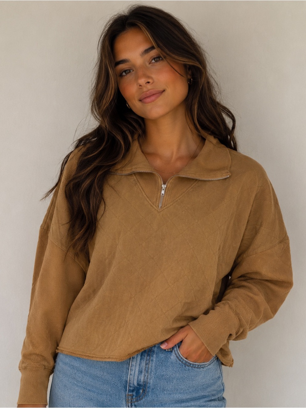 Fantastic Fawn Oversized Quilted Quarter Zip Pullover Medium‎